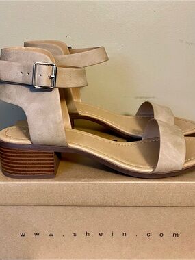 SHEIN Taupe faux Suede Block Heel Sandals with Ankle Strap